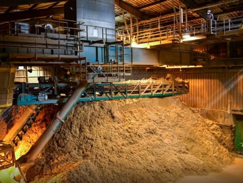L’équipe d’exploitation contrôle l’acheminement de la bagasse jusqu’au hangar de stockage, où elle forme un tas pyramidal © Jérôme Boyer